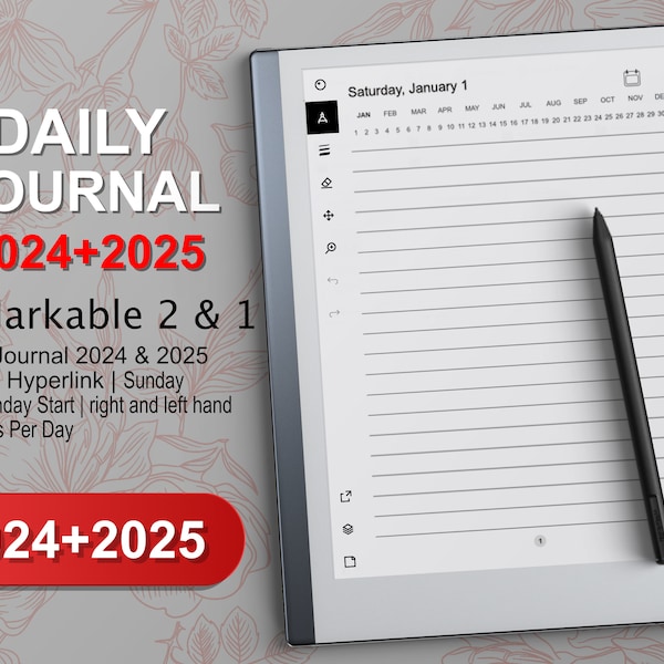 reMarkable 2 Templates Daily Journal 2024 and 2025, Hyperlinked PDF, Sunday & Monday Start, compatible with reMarkable 1