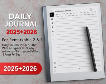 Modello di diario giornaliero per Remarkable 2 2025-2026, PDF con collegamento ipertestuale, inizio domenica e lunedì, compatibile con reMarkable 1