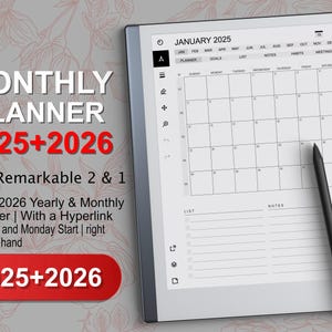Monthly Planner for reMarkable 2, 2025-2026 yearly & Monthly Planner, Hyperlinked PDF, compatible with reMarkable 1.