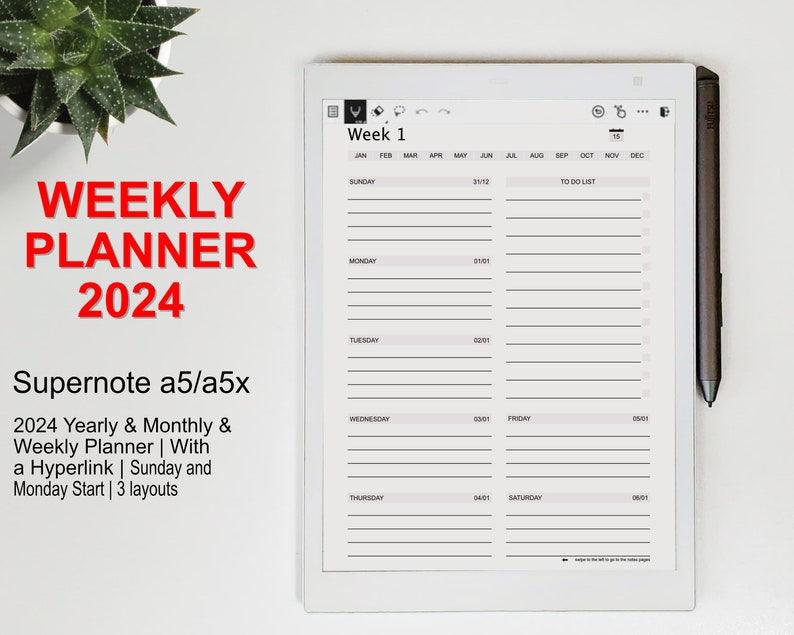 Supernote A5/a5x 2024 Weekly Planner, Supernote Templates 2024 Digital