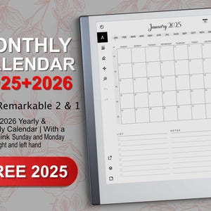 reMarkable 2 Calendar 2025+2026, reMarkable 2 Templates yearly & Monthly Calendar, Hyperlinked PDF, compatible with reMarkable paper pro