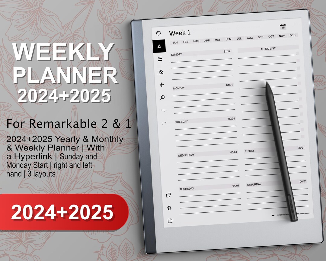 2024-2025 Weekly Planner Template for Remarkable 2, Yearly and Monthly ...