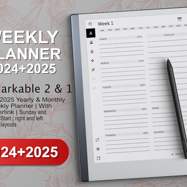 reMarkable 2 Weekly Planner, 2024 2025 Yearly and Monthly and Weekly Planner, remarkable 2 templates Digital Planner, Hyperlinked PDF.