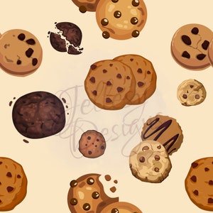 May include: A seamless pattern featuring various types of cookies, including chocolate chip, oatmeal raisin, and chocolate cookies. The cookies are arranged in a random pattern on a light brown background.