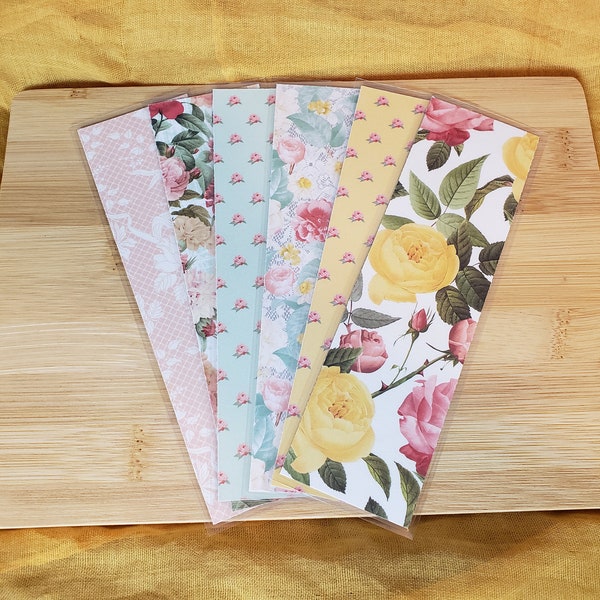 Country Floral 2 || Double-Sided Handmade Laminated Bookmarks || Cabbage Rose/Floral/Yellow Rose/Pink Rose/Foil/Lace/Stripes - Bookish Gifts