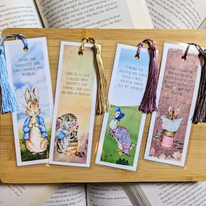 Signets inspirés de Beatrix Potter/Peter Rabbit - plastifiés/pampilles || Individuel/lot de 4 (Jemima/Tailor Mouse/Miss Moppet) - Cadeaux livresques