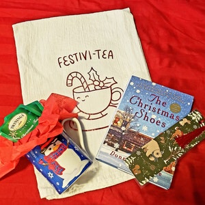 Festivi-tea Gift Set || Gift Set: Tea Towel, Gently Used Christmas Book, Tasseled Bookmark, and tea with thrifted cup - Bookish Gifts