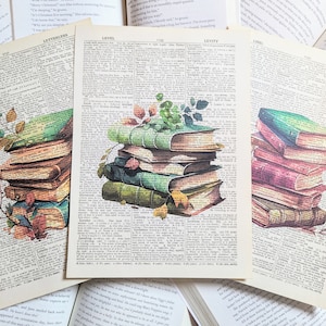 May include: Three stacks of vintage books with green, brown, and red spines, each stack is decorated with a watercolor illustration of leaves and flowers on a white background.