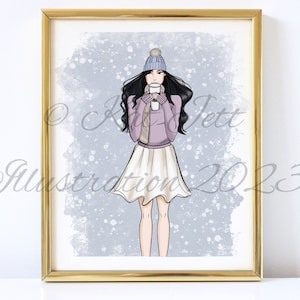 Warm drink in the snow (Choose your skin and hair color) Fashion Illustration Print