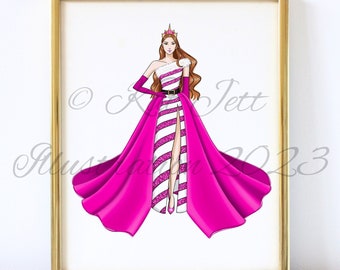 Pink Holiday Queen (Choose your skin and hair color) Fashion Illustration Print