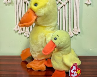Peluche canard Quackers vintage de 1994, modèle Beanie Baby ou Beanie Buddy de Ty, avec étiquette d'origine.
