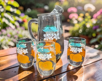 vintage mid-century modern Bartlett-Collins "Orange Crush" juice pitcher and matching tumbler set.