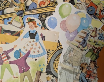 May include: A collage featuring vintage illustrations of children playing, with balloons and a woman in traditional dress. The images are cut out and layered, creating a whimsical and nostalgic scene. The color palette includes blues, greens, and oranges.