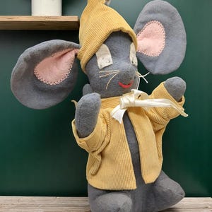 Vintage 1960s Stuffed Animal – Sleepy Gray Mouse with Yellow Corduroy Sleep Shirt & Night Cap