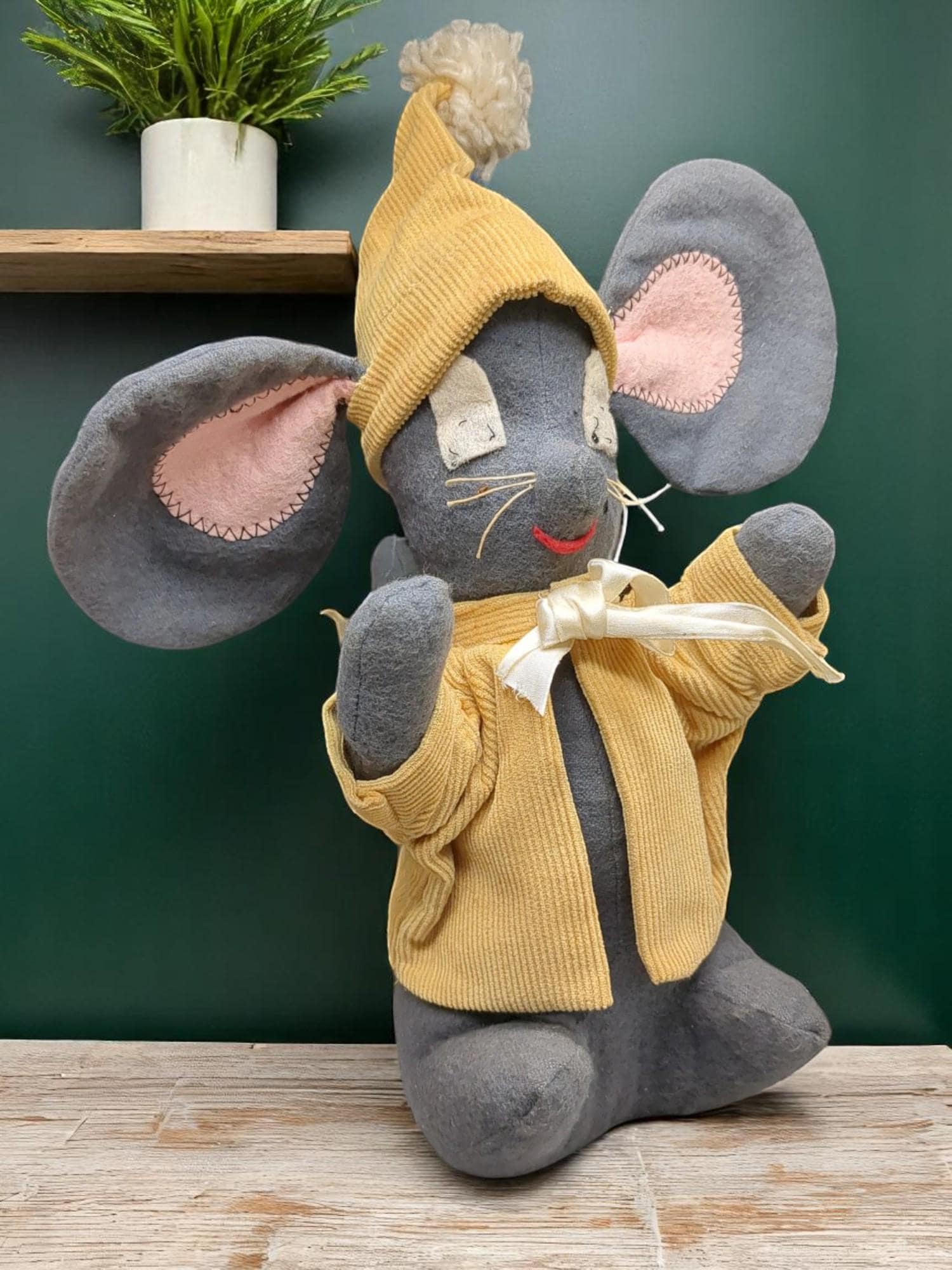 Vintage 1960s Stuffed Animal – Sleepy Gray Mouse With Yellow