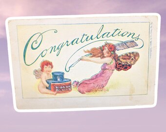 antique 1908, congratulations inkwell fairy postcard
