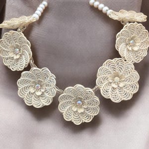 1950sWhite Plastic Lace Swirl Flower necklace with Aurora Borealis Crystal Centers