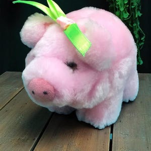 Vintage Pink Piggy Plush with Green Ribbon – Made in Charles, Missouri, USA