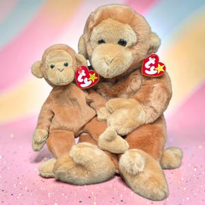 May include: Two plush brown monkeys, one large and one small, are featured in this image. The larger monkey cradles the smaller one. Both have red heart-shaped tags with a yellow star. The background is a soft pink and pastel rainbow.