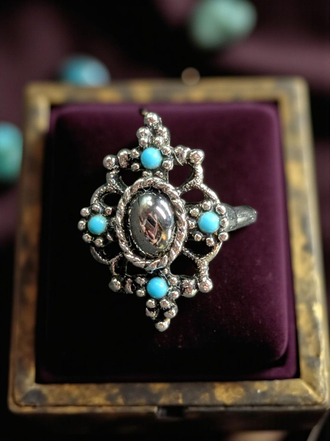 Vintage Avon Ring, Silver Plate Turquoise and Hematite Shield Style ...