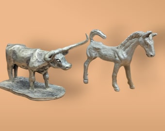 Vintage Spoontiques longhorn cuter figurine and horse Colt pewter figurine