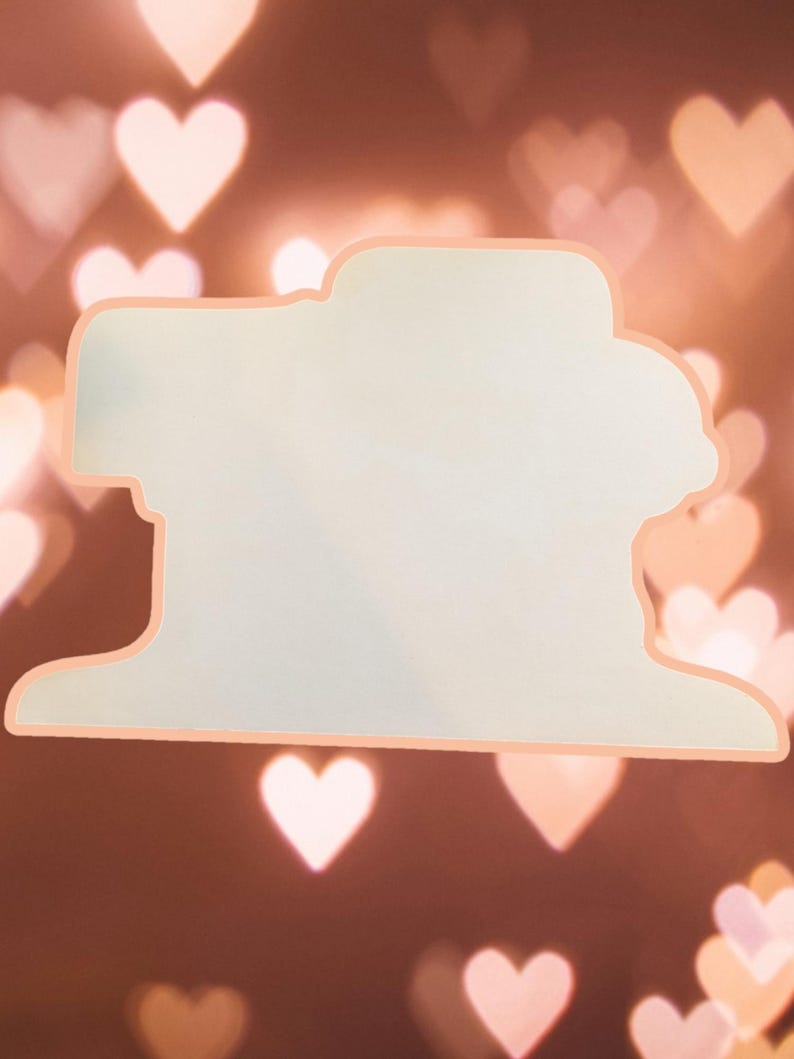 May include: A white silhouette of a person's head and shoulders with a blurred background of out-of-focus hearts in shades of pink and orange.
