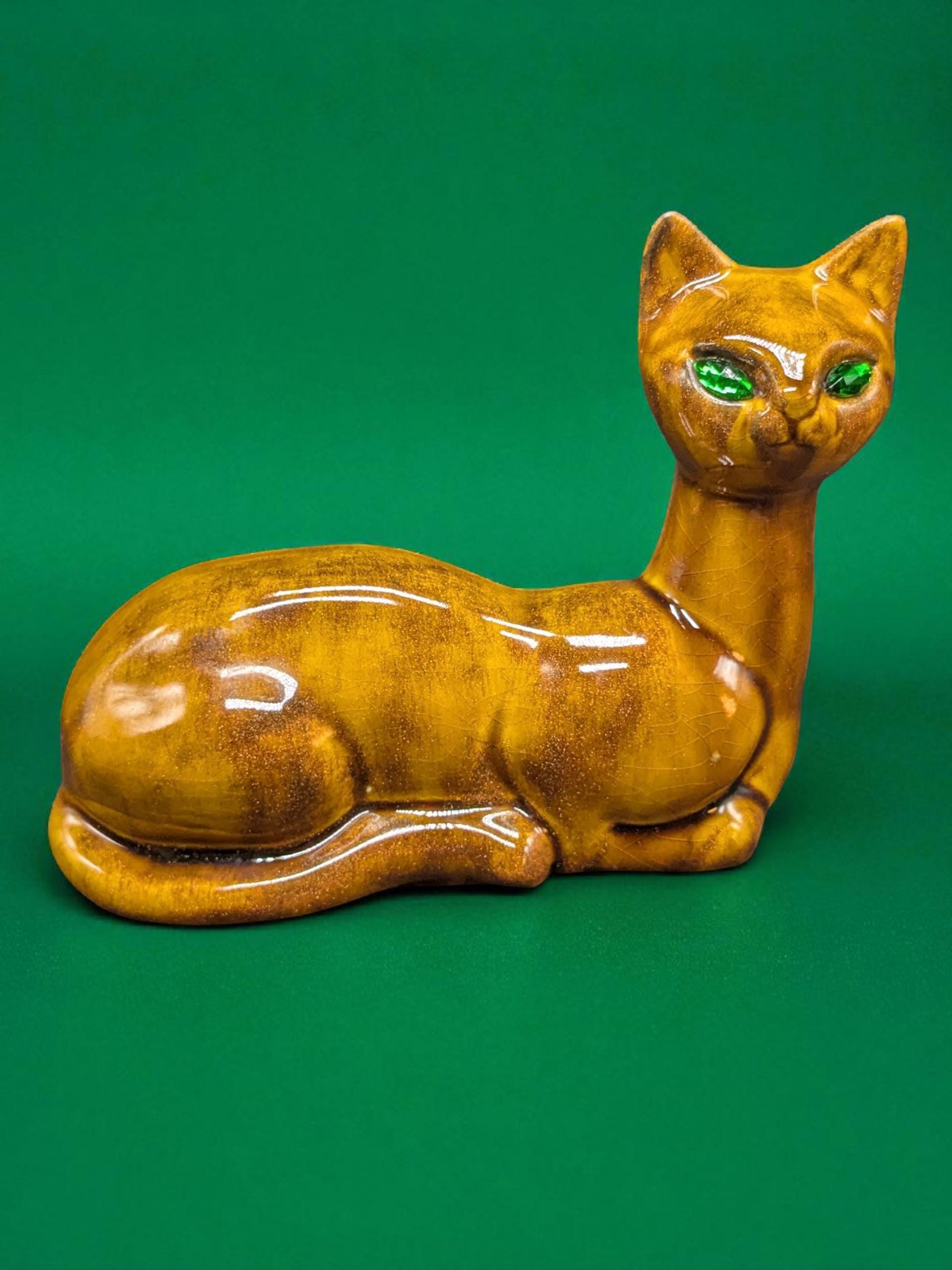 Vintage 1969 Burnt Orange Ceramic Cat With Green Gem Eyes 8