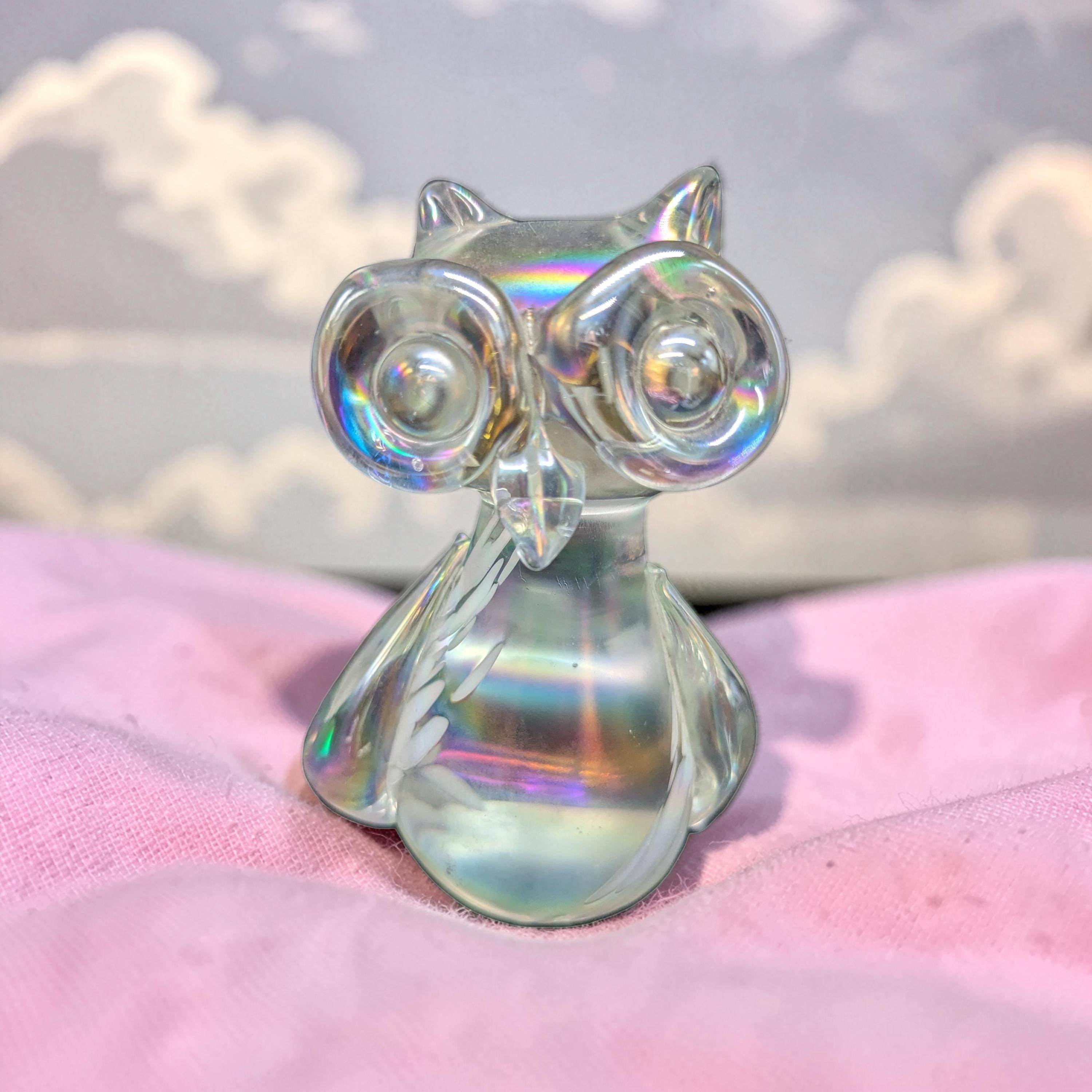 vintage, hand-blown iridescent glass owl figurine