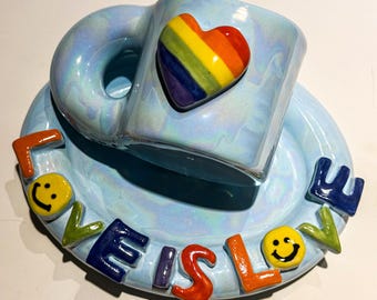 Handmade Ceramic love is love Pride Mug with luster