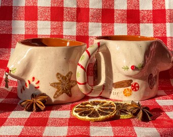 クリスマスジンジャーブレッドマグ、手作りの陶器製クリスマスカップ
