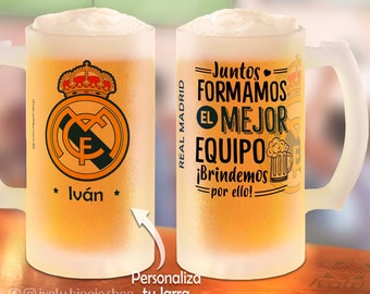 Jarra de Cerveza Real Madrid Personalizada con Nombre / Merengues / Vikingos / Aficionados y Fanáticos del Futbol Español / Ivalú