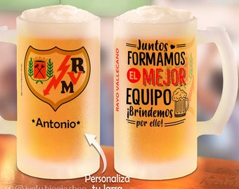 Jarra de Cerveza Rayo Vallecano Personalizada con Nombre / Rayito / Franjirojo / Aficionados y Fanáticos del Futbol Español / Ivalú