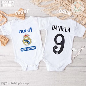Body Bebé / Fan #1 Real Madrid / Body Personalizado con Nombre y Numero / Body Divertido / Algodón / Regalo para bebé