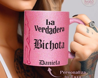 La Verdadera Bichota / Taza Rosa Purpurina / Taza Personalizada con frase de Reggaetón / Jarra de Cerveza Rosa / brilli brilli / Ivalú