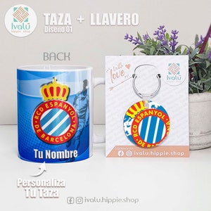 Taza Personalizada RCD Espanyol / Taza con nombre / Liga Española / Taza de café / Regalo Aficionados Espanyol / Periquitos / Ivalú Diseño 01 + Llavero