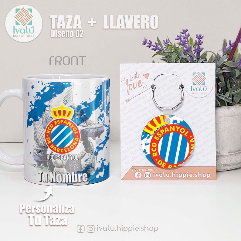 Taza Personalizada RCD Espanyol / Taza con nombre / Liga Española / Taza de café / Regalo Aficionados Espanyol / Periquitos / Ivalú Diseño 02 + Llavero