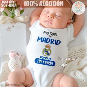 Body Bebé / Yo Soy del Real Madrid / Body Personalizado / Body Divertido / Algodón / Manga larga y Corta / más Babero / Regalo para bebé