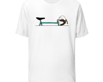 May include: A white t-shirt featuring a teal bicycle illustration on the front. The bicycle has a brown handlebar and a black seat.