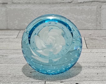 Light Blue Art Glass Faceted Floral Paperweight with Controlled Bubbles