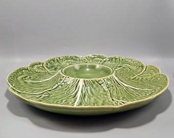 Vintage Bordallo Pinheiro Green Cabbage Leaf Majolica Chip & Dip Bowl