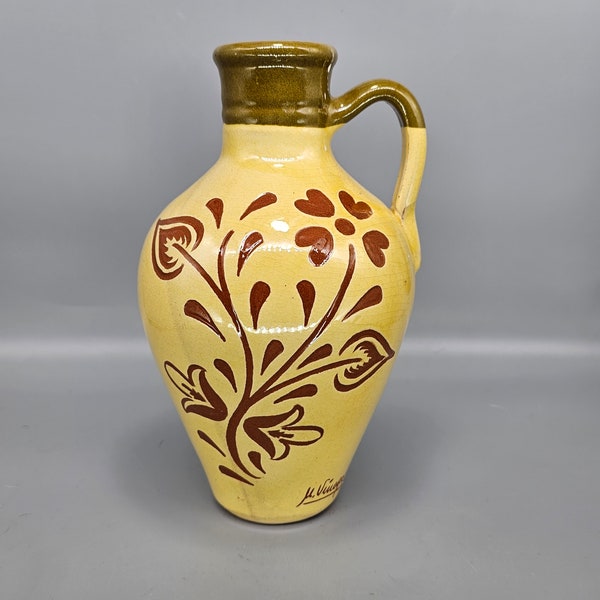 Vintage Yellow Sgraffito Redware Pottery Jug - Signed