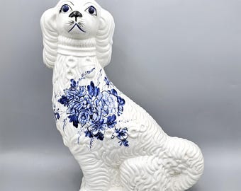 Vintage Staffordshire Spaniel Hand Painted Blue Floral Ceramic Figurine 13"