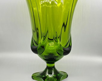 Vintage MCM Viking Glass Green Swung Vase Footed Drape Pattern 13"