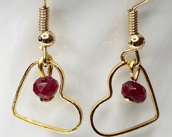 Ruby Earrings, Natural Ruby Earrings,  Ruby and Heart Heart Earrings, Real Ruby Earrings, Dainty Ruby Earrings, Ruby Jewelry