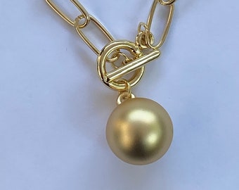 Gold Ball Necklace, Silver Ball Necklace, Large Gold Plated Ball Pendant, Oval Link Necklace, Toggle Clasp Gold Ball, Chunky Ball