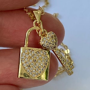 Heart Necklace, Heart Lock Necklace, Gold CZ Heart and Key Necklace