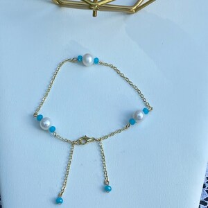 Pearl Bracelet, Freshwater Pearl and Light Blue Crystals, Dainty Pearl Bracelet,Gold Plated Bracelet. Gift for Her