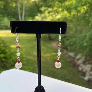 Pearl and Ruby Dangle Drop Earrings, Freshwater Pearl and Ruby Earrings, Ruby and Pearl Earrings for  Bridesmaids, Gift for Her