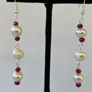 Pearl and Ruby Earrings, Freshwater Pearls & Ruby Earrings, Dangle Drop Pearl and Ruby Earrings, Gift for her,  Minimalist
