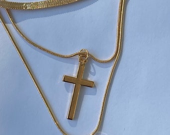 Three Chain Layered Necklace, Layered Cross  Necklace, Layered  Charm Necklace, Layering Cross Pendant Necklace, Gold Color Herringbone